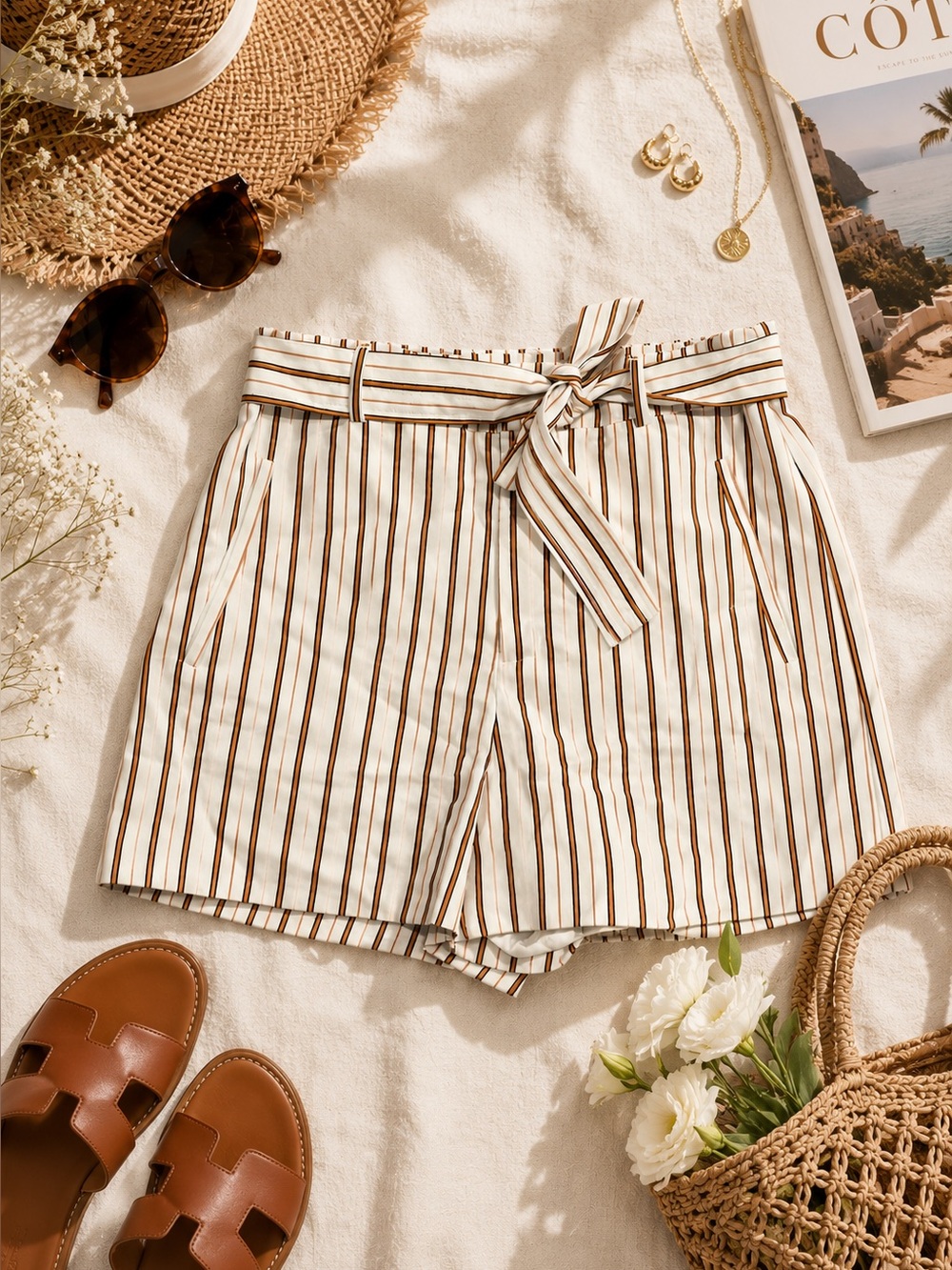 Nine West Cream and Brown Stripe Paperbag Waist Shorts with Tie